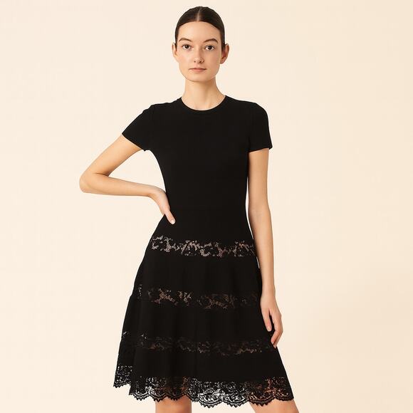 Valentino Dresses & Skirts - Valentino Flared Stretch Lace Trim Short Sleeve Dress Black 8
